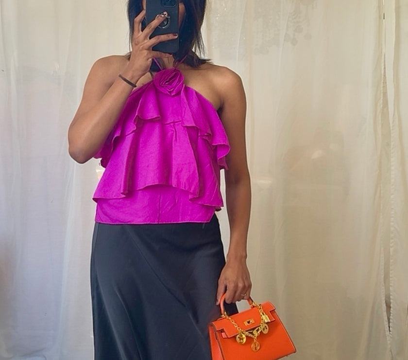 PURPLE BACKLESS ROSE TOP WITH RUCHES