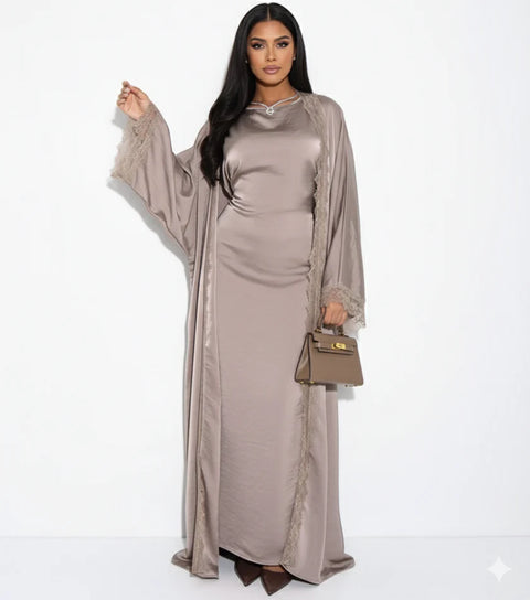 Lace kimono set met kanten details - onderjurk met kimono taupe dark