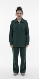 Comfy zipper set modest sweater with oversized pants - 6010