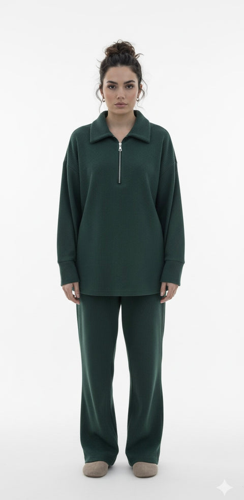 Comfy zipper set modest sweater with oversized pants - 6010