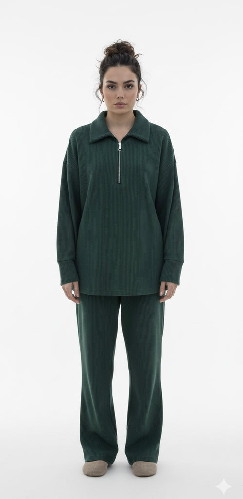 Comfy zipper set modest sweater with oversized pants - 6010