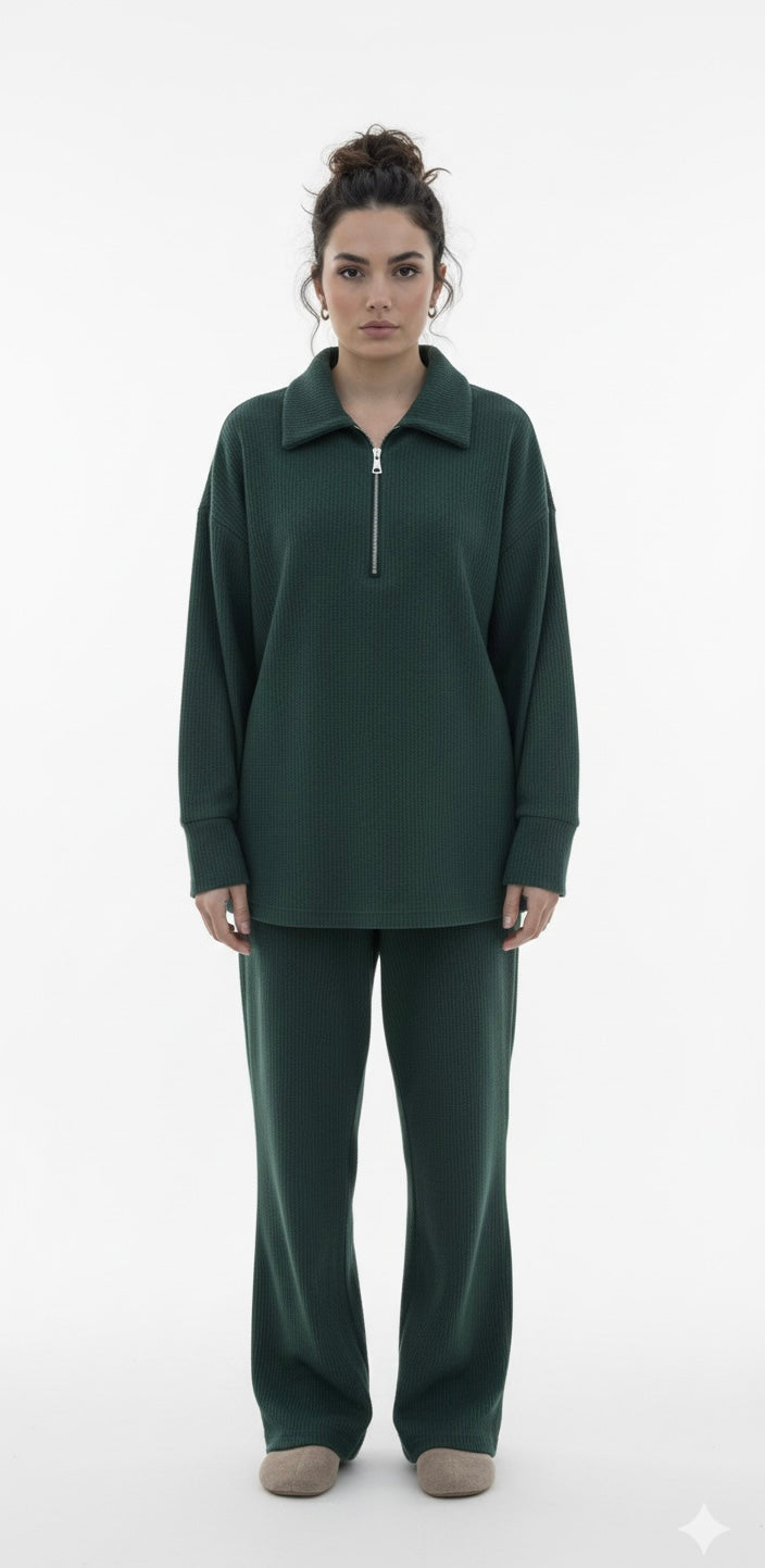 Comfy zipper set modest sweater with oversized pants - 6010