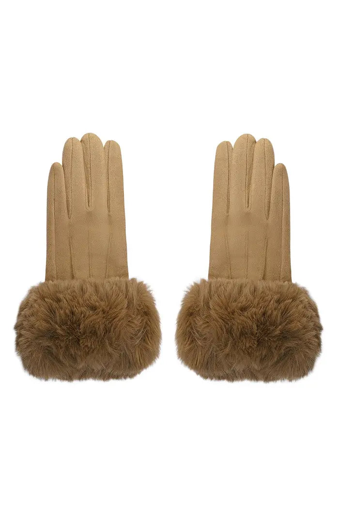 Gloves faux fur with suede look Camel Polyester One size