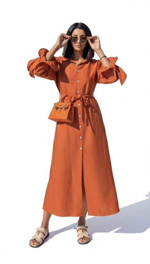 Zomer jurk van viscose met ruffles mouwen oranje - 10010