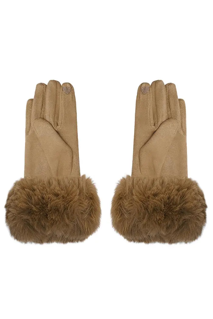 Gloves faux fur with suede look Camel Polyester One size