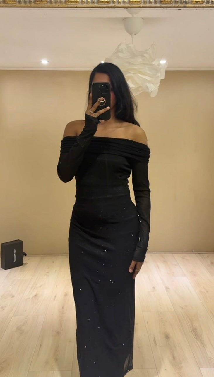 Valentine glitter offshoulder jurk zwart