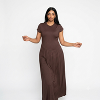 Viscose maxi jurk korte mouwen - donker bruin