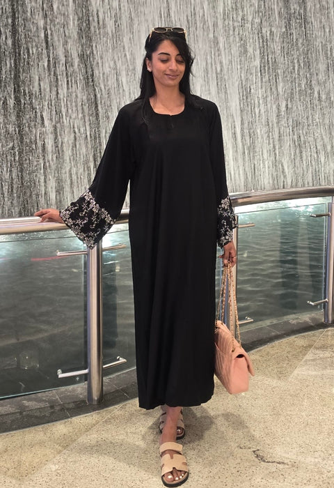 Dubai marina abaya white black with stones