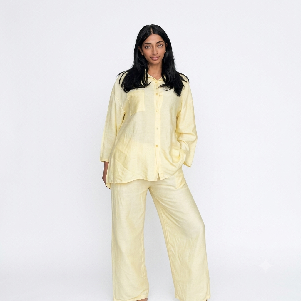 Viscose modest oversized blouse met rekbare broek set - butter yellow