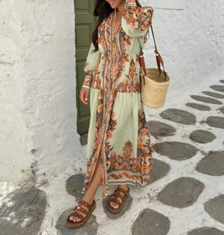 ROBE LORIA BROWN GREEN DRESS PRE ORDER