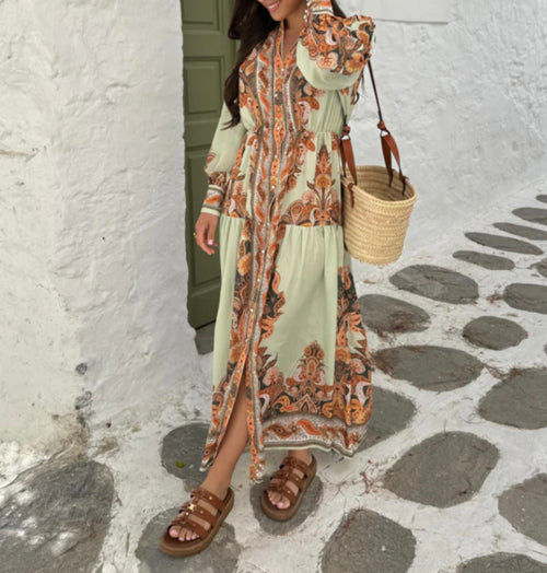 ROBE LORIA BROWN GREEN DRESS PRE ORDER