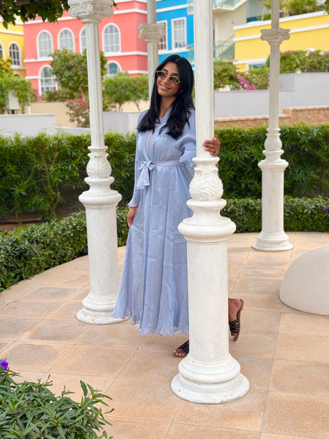 Dubai abaya baby blue with pink details dress and kimono
