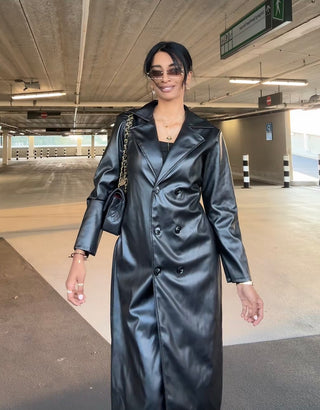 Inaya leren look manteljas zwart