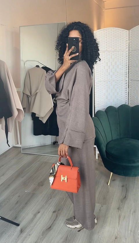 Overslag kimono met wijde broek taupe