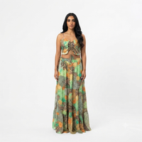 Gouden gelen open rug jurk met print