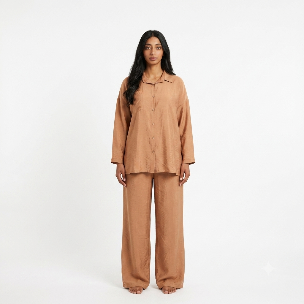 Viscose modest oversized blouse met rekbare broek set - bruin