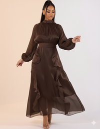 Satijnen abaya met franjes - donker bruin
