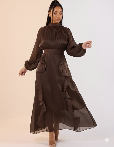 Satijnen abaya met franjes - donker bruin