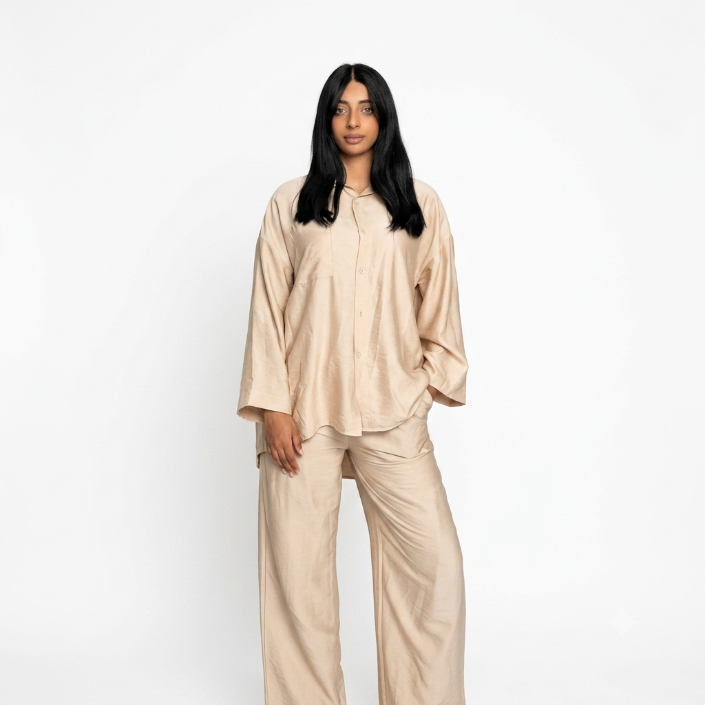 Viscose modest oversized blouse met rekbare broek set - beige