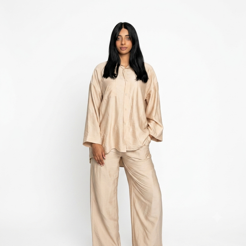 Viscose modest oversized blouse met rekbare broek set - beige