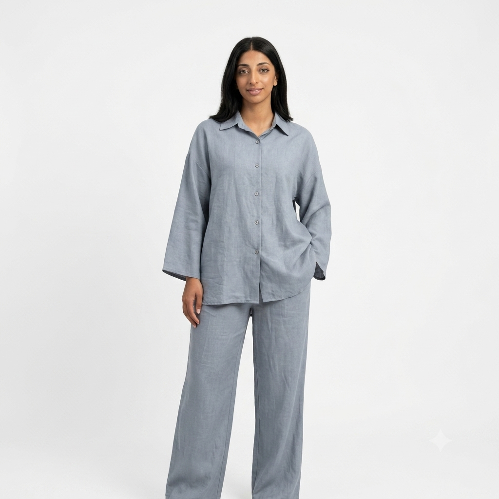 Viscose modest oversized blouse met rekbare broek set - jeans blauw