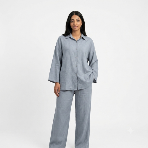 Viscose modest oversized blouse met rekbare broek set - jeans blauw