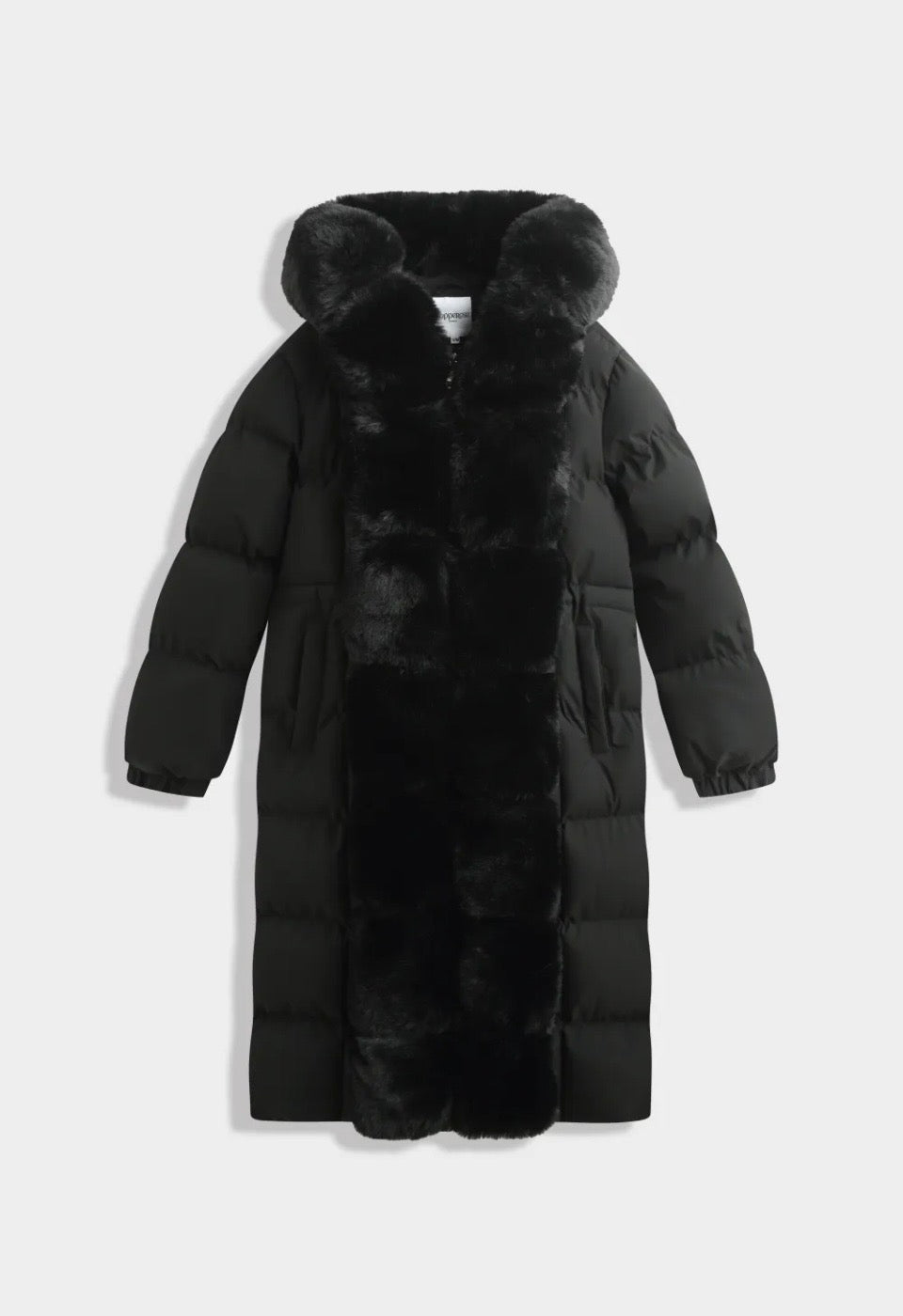 Lange winterjas met bont aan kraag en voorkant - zwart FC7618