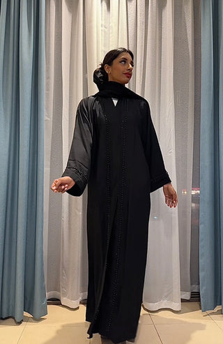 BLACK ABAYA MET BLACK PARELS DXB
