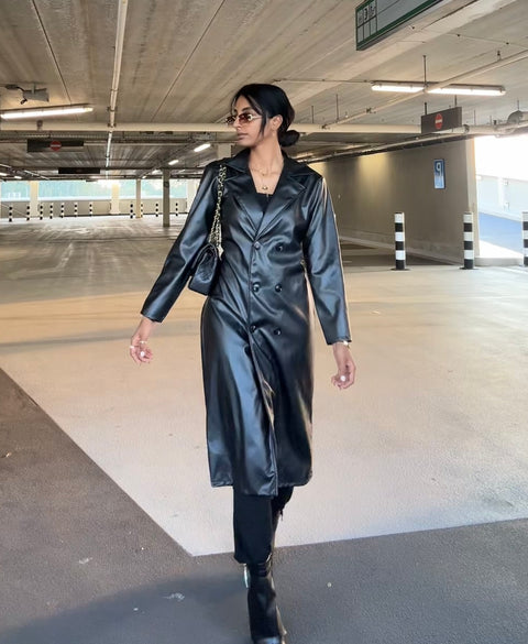 Inaya leren look manteljas zwart