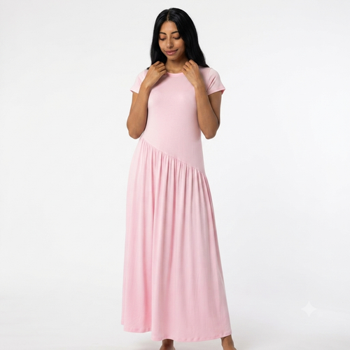 Viscose maxi jurk korte mouwen - roze