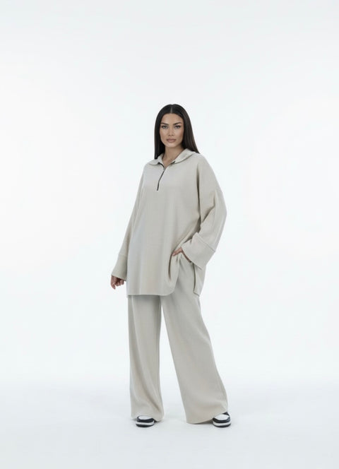 Comfy zipper set modest sweater with oversized pants - beige 6010