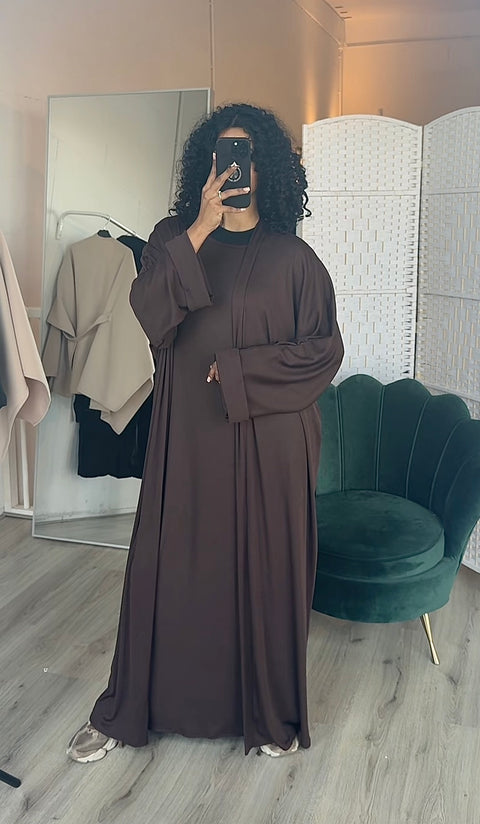 Tweedelig kimono met jurk donker bruin