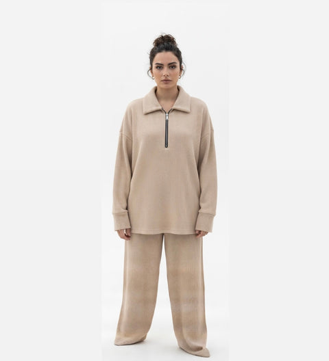 Comfy zipper set modest sweater with oversized pants - 6010