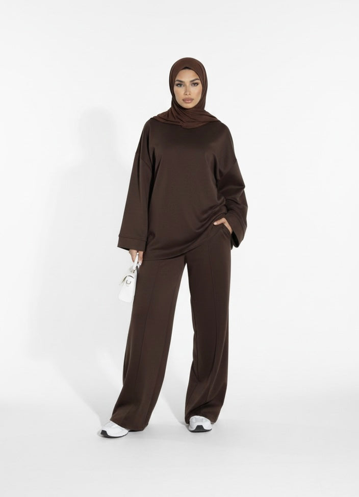 Comfy co-ord set met lange top en oversized broek - donker bruin 6033