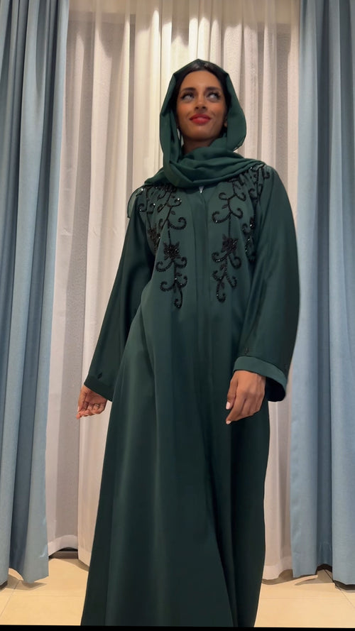 Dubai abaya bedrukt met zwarte steentjes