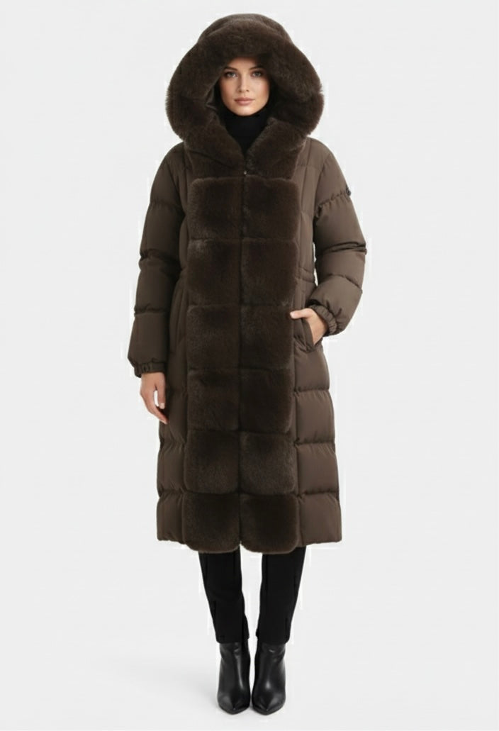 Lange winterjas met bont aan kraag en voorkant - donker bruin FC7618