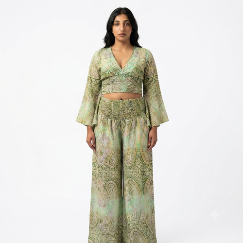 Print broek met rekbare blouse - groen
