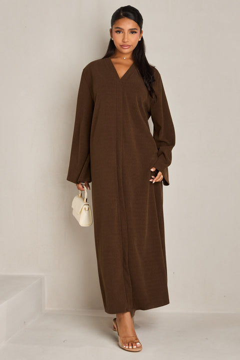 Jurk met korte v-hals donker bruin