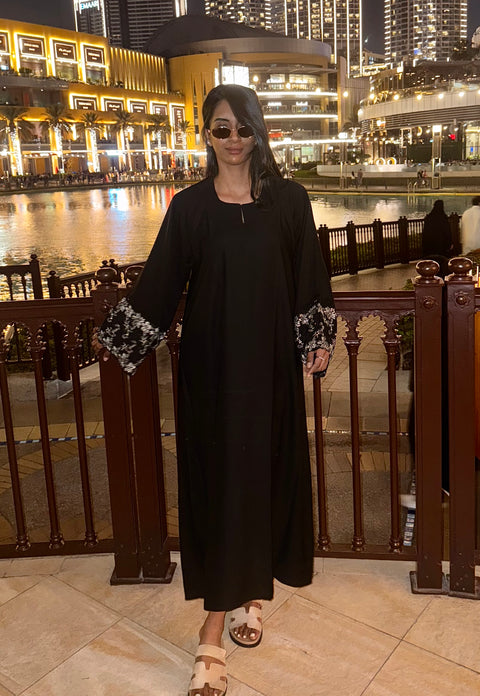 Dubai marina abaya white black with stones
