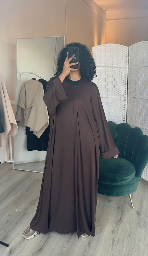 Tweedelig kimono met jurk donker bruin