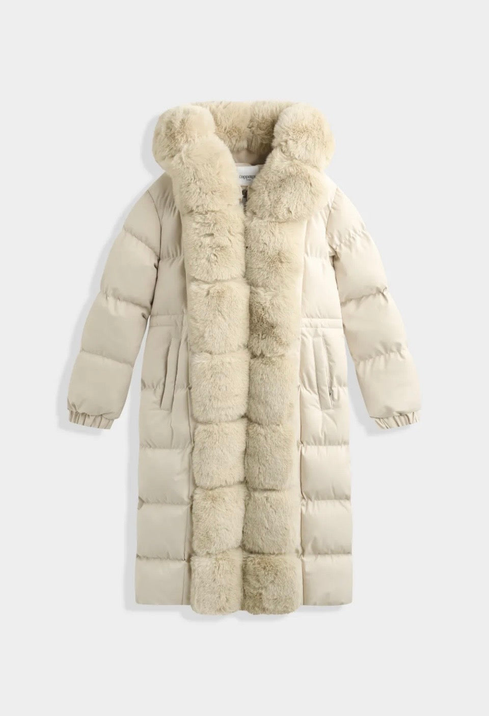 Lange winterjas met bont aan kraag en voorkant - beige FC7618