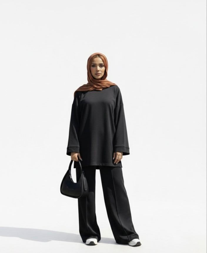 Comfy co-ord set met lange top en oversized broek - black 6033
