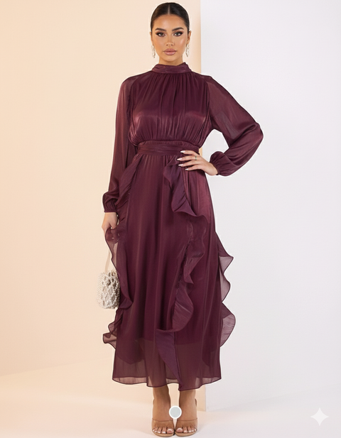Satijnen abaya met franjes - burgundy