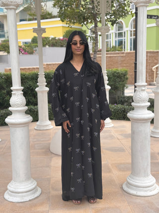 DUBAI ABAYA MET STRIKJES BLACK ZILVER