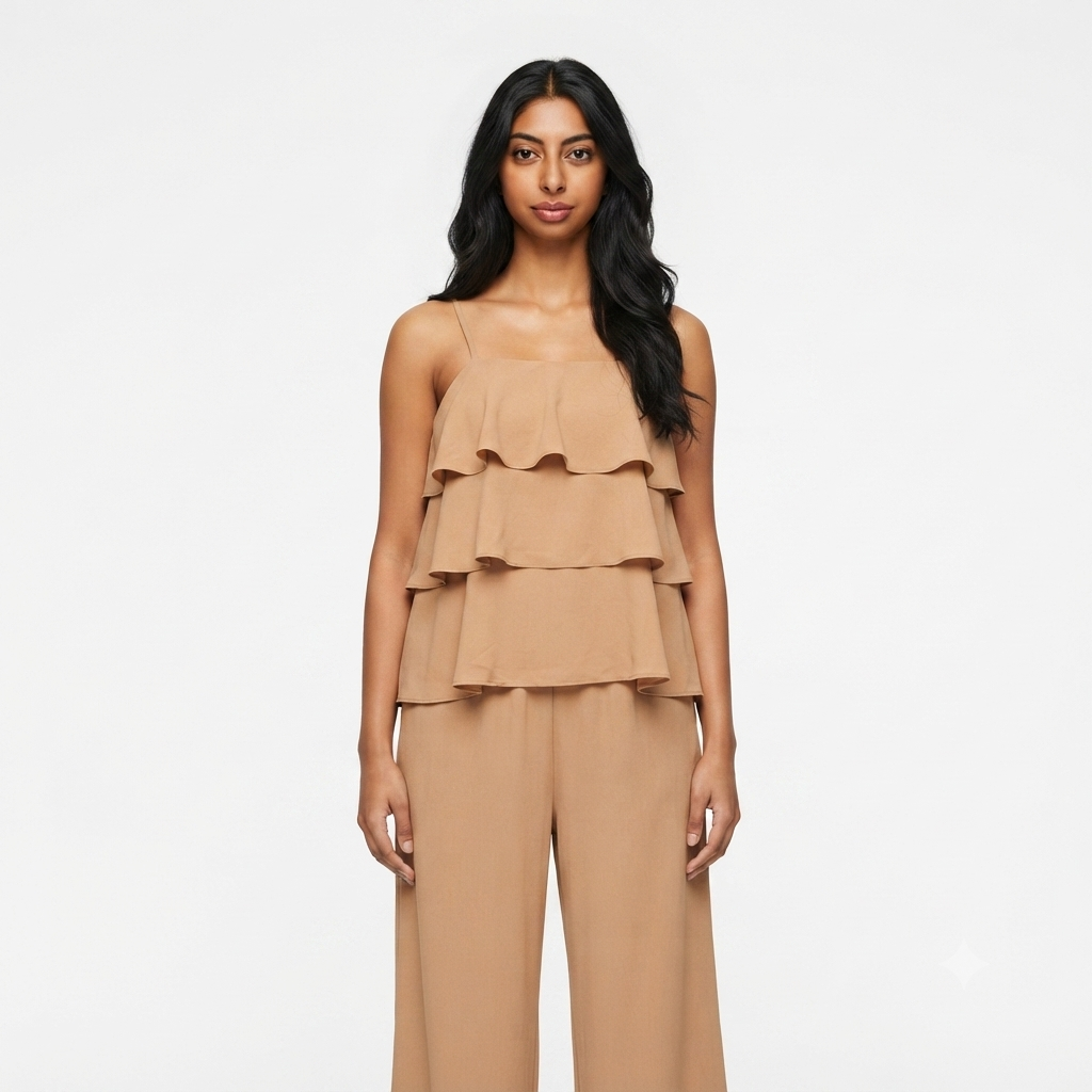 Ruffles blouse met rekbare broek - brown