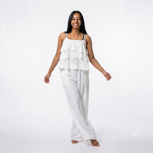 Ruffles blouse met rekbare broek van viscose - wit