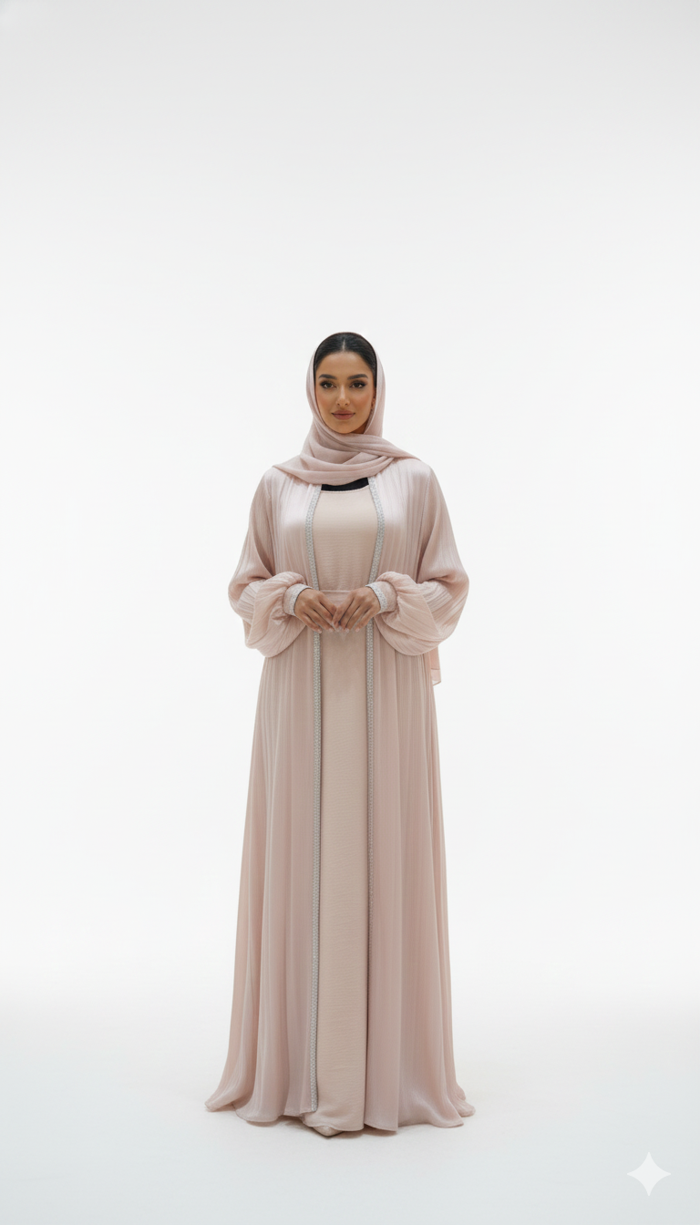 Satijnen licht roze abaya met onderjurk en kimono - dubai cl501