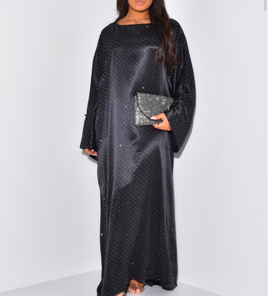 La courte satijnen abaya jurk met glitters (B36) PRE ORDER