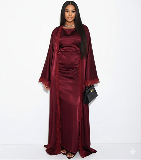 Lace kimono set met kanten details - onderjurk met kimono burgundy