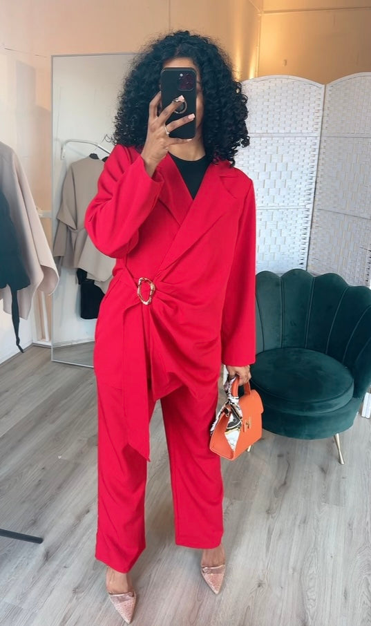 Blazer met rekbare pantalon zilver speltje rood